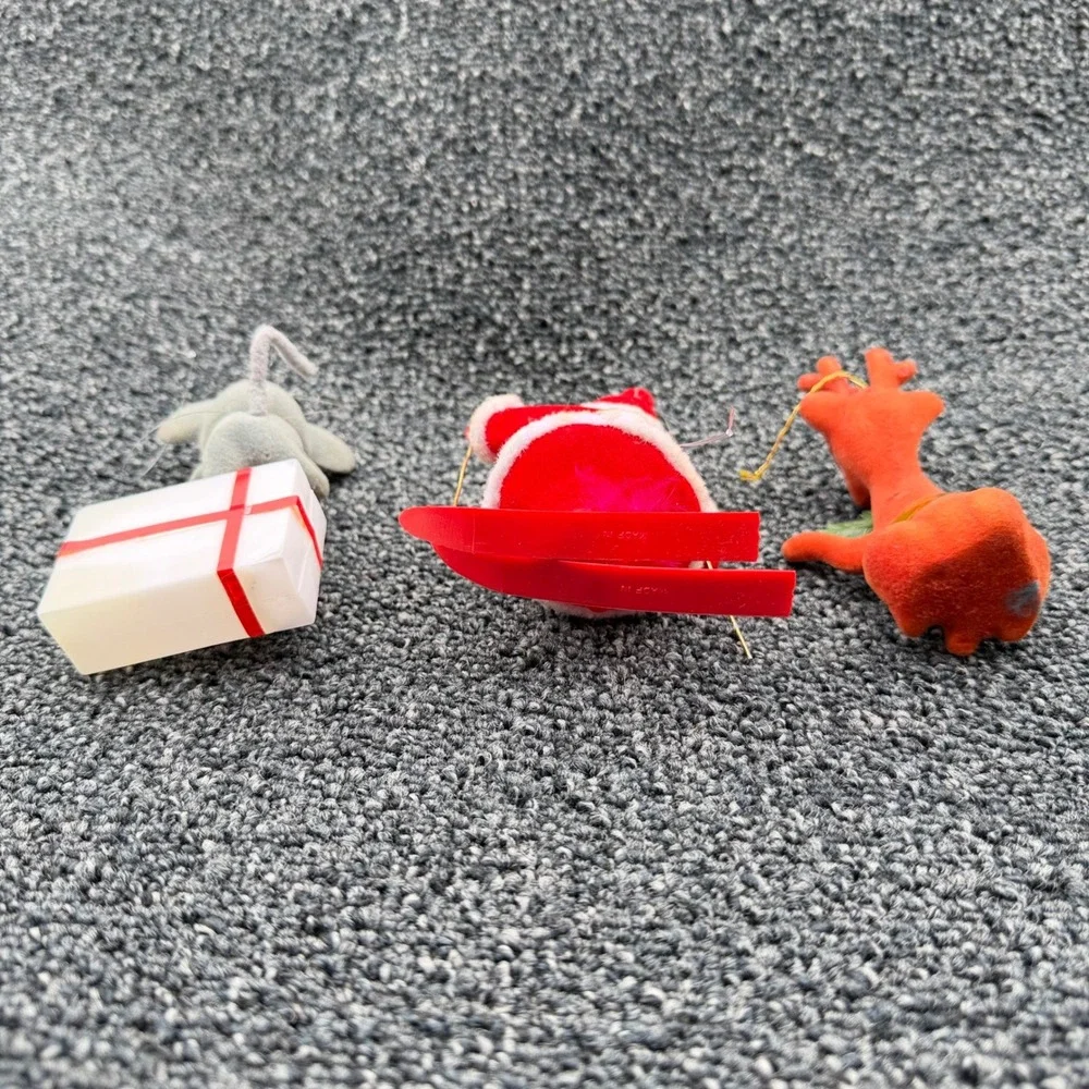 Vintage Flocked Christmas Ornaments Set Santa Skier Reindeer Mouse‎ Mid Century